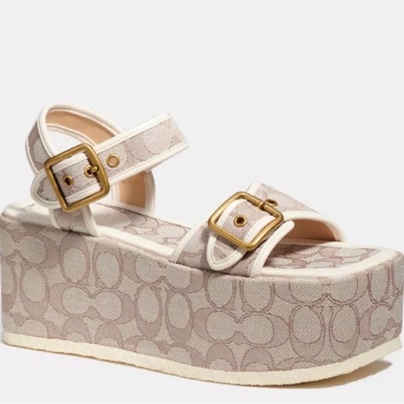 COACH Naomi Jacqrd Flatfor size 9B platform shoe in stone/chalk - Picture 2 of 11